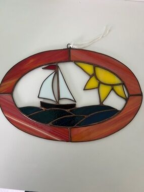 Vintage Stained Glass Sailboat Window Hanging - Red, Yellow, Blue